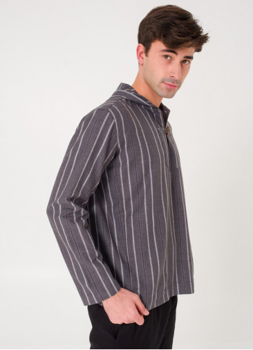 Shepherd Button Detailed Hooded Gray Striped Men's Shirt